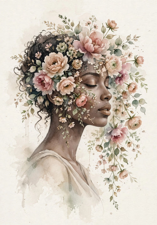 Bloom portrait 2 - soft watercolor floral profile