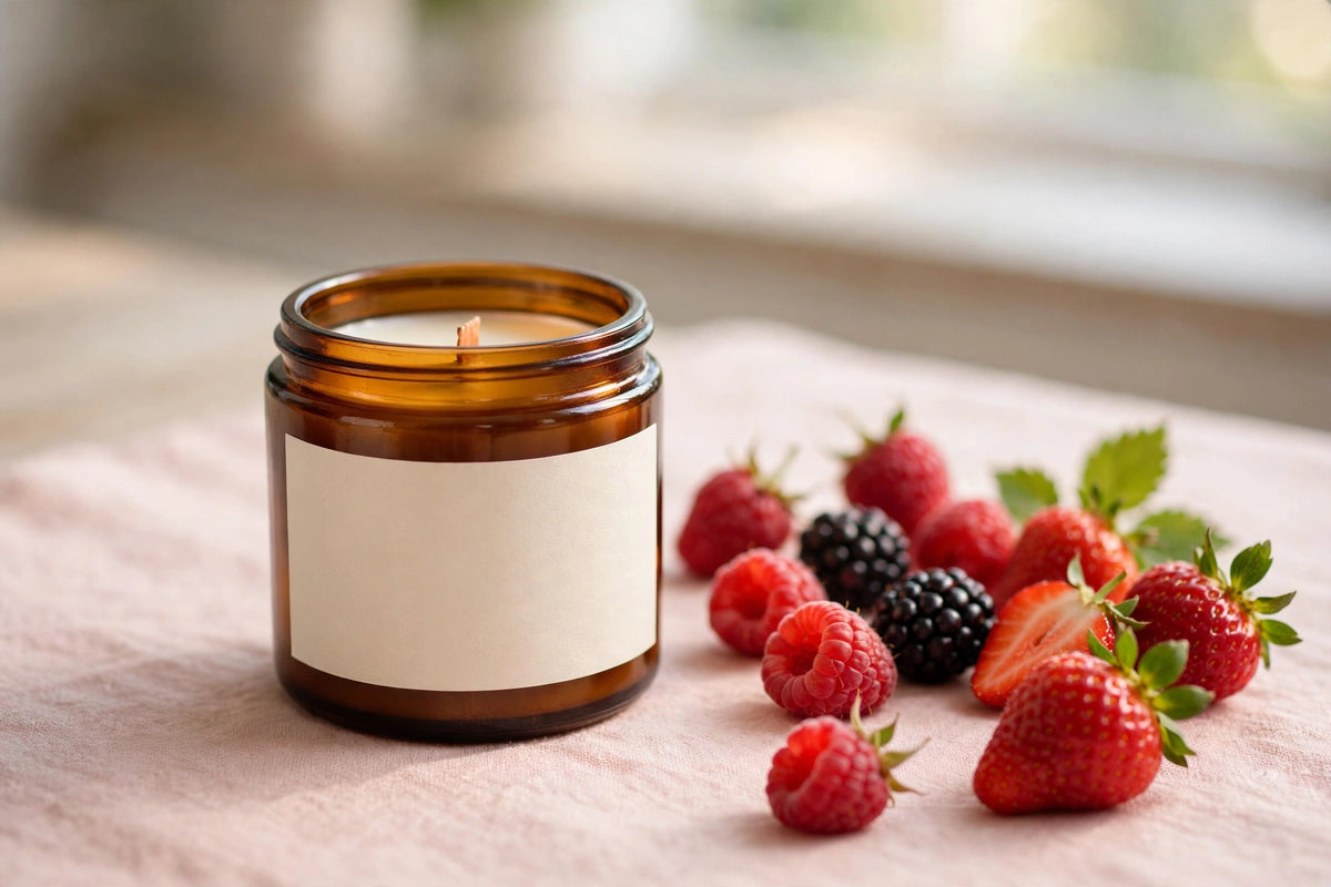 Wild Berry soy candle in amber glass jar
